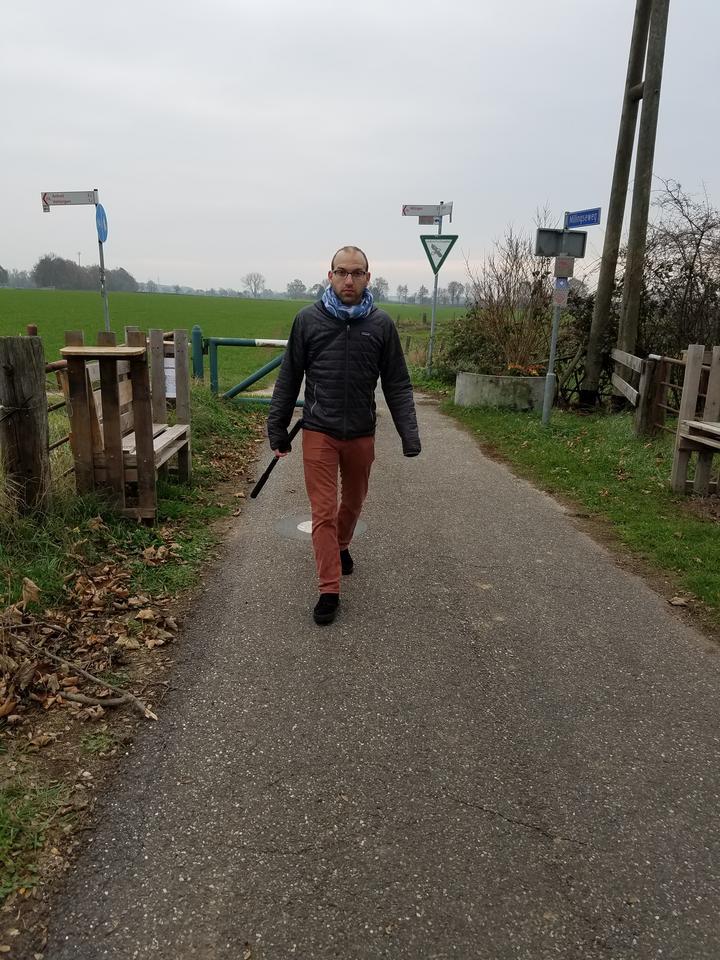 Irene’s son, Josh, in 2018 crossing the border into the Nethlerlands where her father crossed with his family in 1938.